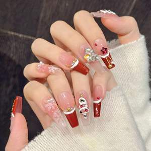 Uñas Postizas Hechas a Mano con Acabado Rojo Terciopelo, Decoración 3D de Copos de Nieve, Estilo Navideño, <span class=keywords><strong>Manicura</strong></span> <span class=keywords><strong>Francesa</strong></span>, Venta al Por Mayor de Fábrica - Product Image 3
