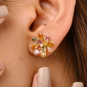 Multi Sapphire & Diamond <b>Earrings</b> | 3x2mm & 5x3mm Oval Multi Sapphire 5.10 Ct | 1.80mm Round Diamonds | 14K Yellow Gold <b>Earrings</b> - Product Image 4