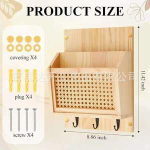 Étagère murale en bois massif tressée avec crochets porte-clés pour l'organisation de courrier et de magazines dans l'entrée - Product Image 5