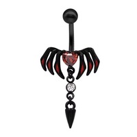 Piercing de nombril en acier inoxydable 316L 14G, motif aile de chauve-souris, cœur rouge et zircon cubique, barbell incurvé à visser à l'intérieur