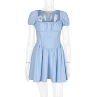 Robe de soirée sexy unie et respirante pour femme, élégante, col carré, taille haute, coupe trapèze, mini-robe courte, dentelle crochetée, froncée