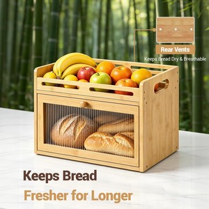 Caja de pan de bambú Cunxu con bandeja para frutas, color madera natural, estante de almacenamiento para encimera de cocina con asas para pan y productos frescos - Product Image 2
