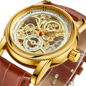 <span class=keywords><strong>Orologio</strong></span> <span class=keywords><strong>Automatico</strong></span> Meccanico Scheletrato 3D Personalizzato Forsining con Quadrante Numeri Arabi e Cinturino <span class=keywords><strong>in</strong></span> Vera Pelle Dorata da 40,5 mm per Uomo - Product Image 2