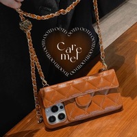 Coque de téléphone de style européen et américain pour iPhone 17 Pro Max 14 Pro, en cuir litchi losanges, avec petite boule dorée, style Maillard, à porter en bandoulière