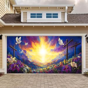 ป้ายตกแต่งประตูโรงรถธีมอีสเตอร์ ลายพระอาทิตย์ขึ้น นกพิราบ และกางเขนดอกไม้ ผ้าคลุมประตูโรงรถขนาดใหญ่ ของตกแต่งธีมฤดูใบไม้ผลิสำหรับกลางแจ้ง - Product Image 6