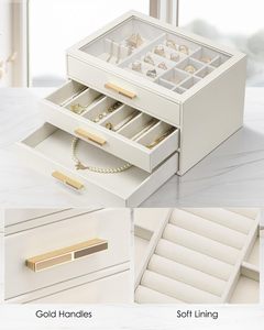Organizador de Joyas Rectangular de Lujo con Cierre de Cuero, Grabado Cuadrado, 3 Capas, Ventana Abatible y 3 Cajones, Gran Capacidad, ¡Venta Caliente! - Product Image 4