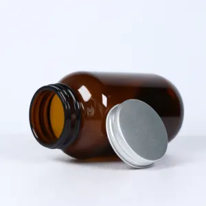 high quality 60ml-500ml round amber wide mouth neck openning empty glass pill bottle 200ml glass bottle for capsules with lid