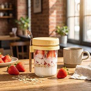 Pot en verre pour overnight oats esthétique 350 ml |   Tasse à petit-déjeuner à parois cannelées verticales avec porte-cuillère |   Conteneur en verre pour préparation de repas avec couvercle - Product Image 1