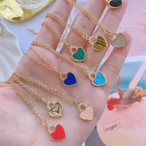Rainbow Fashion High Quality Micro Zircon Shell With Stainless Steel Gold Plated Cute Love Teddy Heart Pendant Necklace