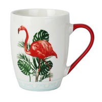 Mug en céramique Flamant rose tropical avec anse rouge, motif feuille de Monstera exotique, grande tasse à café en porcelaine, souvenir d'été, article cadeau