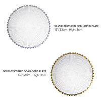 Assiettes de présentation de luxe en verre texturé de 13 pouces avec bordure dorée, personnalisables en gros pour banquets, mariages et événements