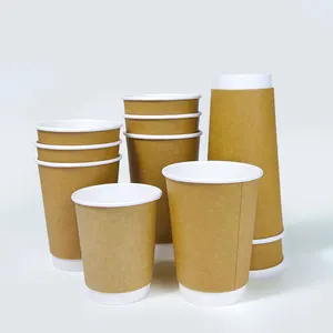 Bicchiere di carta Kraft per caffè con isolamento caldo da 12 once in cartone biodegradabile usa e getta con coperchio