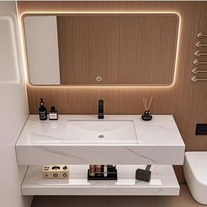 Vasque murale de salle de bain <span class=keywords><strong>en</strong></span> quartz, style hôtelier moderne et minimaliste, avec lavabo intégré et finition mate - Product Image 2