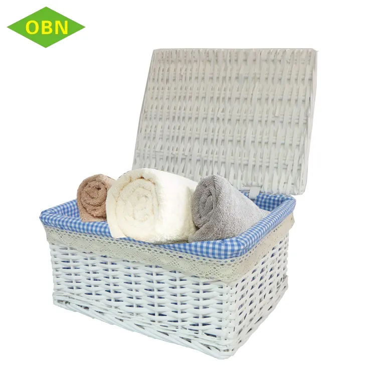 가정용 안감 짠 고리 버들 세공 보관 바구니가있는 맞춤형 흰색 수건 세탁 깔끔한 보관 바구니