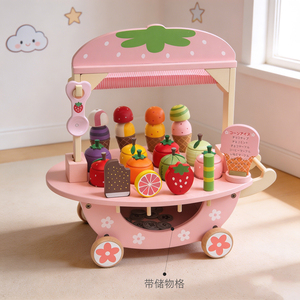Monterrori Toy Nuovo Carretto Gelati in Legno Giocattolo da Cucina per Bambini, Gioco <span class=keywords><strong>di</strong></span> Imitazione Negozio <span class=keywords><strong>di</strong></span> Frutta e Dessert a Cartoni Animati per Bambini - Product Image 1