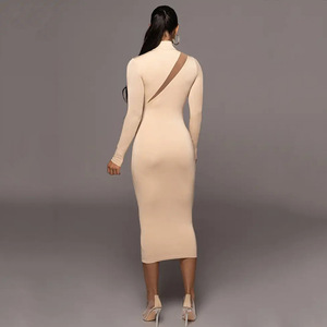 Women's Round Neck Long Sleeve Patchwork Midi Dress Sheer Layer Detail Natural Waistline Leisure Wear - Product Image 4