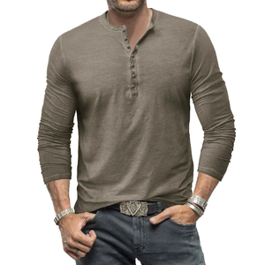 Round Neck Men's <b>Tie</b>-Dye <b>Slim</b> Fit Retro Long Sleeve T-Shirt Buttoned Washed Vintage V-Neck Men's T-Shirt - Product Image 1