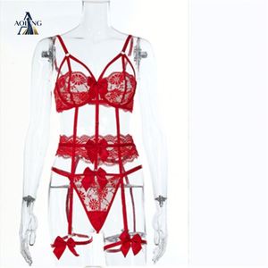 Lingerie Sexy per Adolescenti, Costume da Diavolo Sexy, Set Lingerie <span class=keywords><strong>Trasparente</strong></span> in Pizzo <span class=keywords><strong>Rosso</strong></span> con Fiocco e <span class=keywords><strong>Reggiseno</strong></span> e Perizoma - Product Image 4