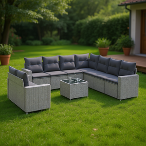 Ensemble de canapés de jardin en rotin gris avec structure en acier et verre trempé, mobilier d'extérieur pour jardin, design contemporain - Product Image 2