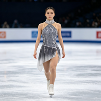 Costume de patinage artistique pour enfants et adultes, robe en maille sans manches à col halter gris argenté dégradé avec strass étincelants pour spectacle sur glace