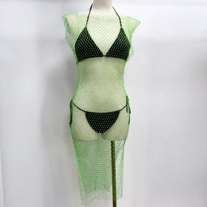PM031 Fashion Rhinestone Fishnet Dress See Through Beach Sexy Dress Cover Up Bling Women Swimwear