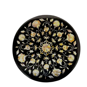 Plateau de table en mosaïque Pietra Dura, plateau de table basse rond multi-pierres pour meubles de maison, design moderne, marbre noir - Product Image 1