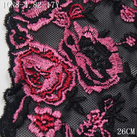 Dentelle brodée extensible de 26 cm avec bordure rouge et petites fleurs de roses, en tulle élastique noir, pour vêtements féminins et soutiens-gorge