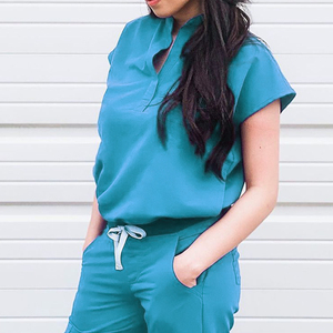 Poly Cotton Short Sleeve V-neck Salon Nurse <strong>Scrub</strong> <strong>Top</strong> and Bottom <strong>Scrubs</strong> Uniforms Spandex Stretch Hospital Uniform - Product Image 2