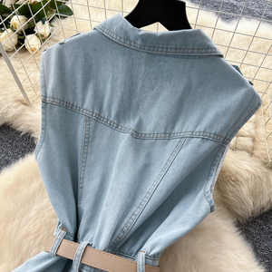 Abbigliamento Vintage LW1414 abito di fascia alta senza maniche da donna Maxi abito in Denim con colletto risvolto a bottoni in metallo abiti eleganti - Product Image 6