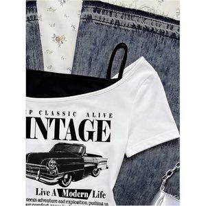 Women's Off Shoulder Vintage Car Graphic T-<b>Shirt</b> Short Sleeve <b>Y2K</b> Style Summer Top Breathable Cotton Blend - Product Image 5