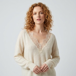<span class=keywords><strong>Pull</strong></span> en laine 100% pure sur mesure, col en V, patchwork de dentelle délicat, <span class=keywords><strong>pull</strong></span> ample pour femme, élégant, doux, en laine, OEM/ODM - Product Image 2