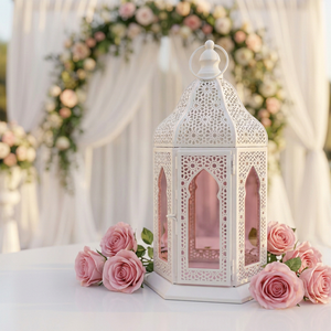 Manufacturers Popular White Metal Moroccan <b>Candle</b> <b>Lantern</b> with Rose Gold Glass for Ramadan and Weddings - Product Image 2