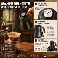 Set Termometer Panci Kopi Gooseneck HL dengan Tutup, Gagang Kayu, Kontrol Aliran Presisi, Corong, Baja 304, Ketel Seduh Manual 600ml 900ml