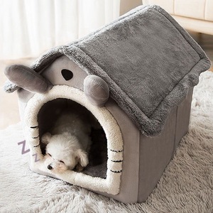 Katzen- und Hundehaus-förmiges Stoff-Haustierbett Nest PP-Baumwollgefüllt Abnehmbar Waschbar Winterwarm Ganzjährig Nutzbar Niedliches Spaßiges Haustierbett - Product Image 2
