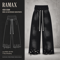 Celana Sweatpants Lebar RAMAX Hitam Dicuci Model Distressed dengan Ujung Robek, Pakaian Streetwear Kustom, Grosir, Pabrik, Supplier