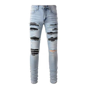 <span class=keywords><strong>Jeans</strong></span> Denim Vintage Amiriy da <span class=keywords><strong>Uomo</strong></span> a Vita Media, Vestibilità Dritta, Strappati, Effetto Consumato, Lavati, con Ricami, per Estate Autunno Inverno - Product Image 1