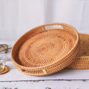 Eco-Friendly Autumn Rattan Woven Round <b>Tray</b> Set of 2 Versatile Food Serving Platter for Coffee <b>Table</b> Kitchen Storage - Product Image 3