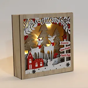 22x22x6.5cm Illuminated Wood House Noel Navidad Christmas Holiday Festival Home Table Decor Battery Operated Xmas Gift