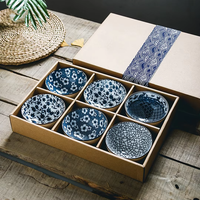 Vente chaude d'usine, bol en céramique bleu et blanc en porcelaine japonaise personnalisé, 4,5 pouces, écologique, durable, ensemble de vaisselle avec logo personnalisé