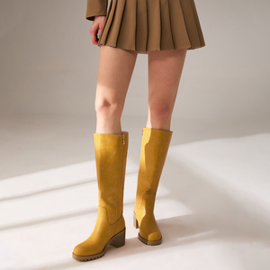 WETKISS Botas Altas de Punta Cuadrada con Tacón de Bloque para Mujer, Botines de Montar Caballos Amarillos, Diseño Simple, Estilo Vintage Occidental, Años 70 - Product Image 5