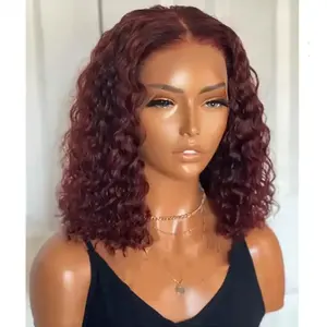 Free Sample and Free Shipment Wigs Indian Remy Human Hair Loose Curly Wine Red Burgundy Color Bob Glueless HD Lace Frontal Wigs