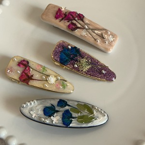 Pince à cheveux en émail motif goutte d'<span class=keywords><strong>huile</strong></span>, fleur séchée rose, style vintage, faite à la main, perle, métal doux, acétate, accessoires de fête - Product Image 1