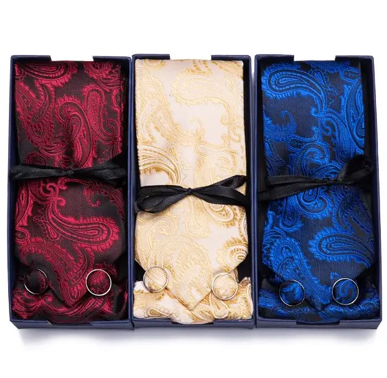2020 Wholesale Custom 100% Silk Tie cufflinks kerchief Necktie Business Formal White Gift box Set Fashion Ties For Men