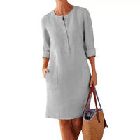 Robe décontractée en coton et lin pour femme grande taille, printemps-automne, avec détails boutonnés, taille naturelle, manches longues, style chemise-jupe