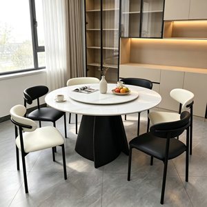 Ensemble de table à manger moderne en pierre frittée avec plateau tournant, 6 chaises en cuir PU, base en métal noir, pour la maison et l'appartement - Product Image 4