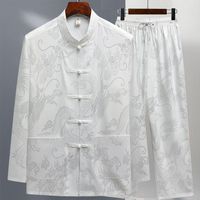 Set Latihan Tai Chi Pria Baju Tradisional Cina Hanfu Lengan Panjang Motif Bunga Kancing Depan Bahan Sutra Es