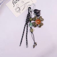 Porte-clés créatif vintage en cuir avec fleur et pompon, breloque perlée en corde tressée avec fermoir cœur métallique pour décoration de sac