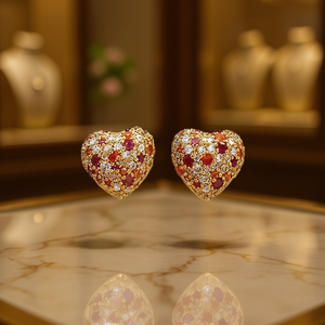 E4722 Orecchini a cuore con zirconi dorati, regalo romantico di gioielli alla moda da donna - Product Image 2