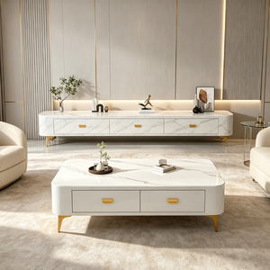 Set di Lusso con Mobile TV <span class=keywords><strong>in</strong></span> Legno e Marmo, Tavolino da Salotto con Vano Portaoggetti, <span class=keywords><strong>Arredamento</strong></span> per Interni - Product Image 5