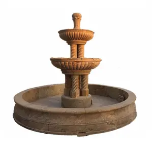 Hotel Home Outdoor Yellow Natural Stone Large Marble Antique 3 Tiered Water Fountains Outdoor Garden